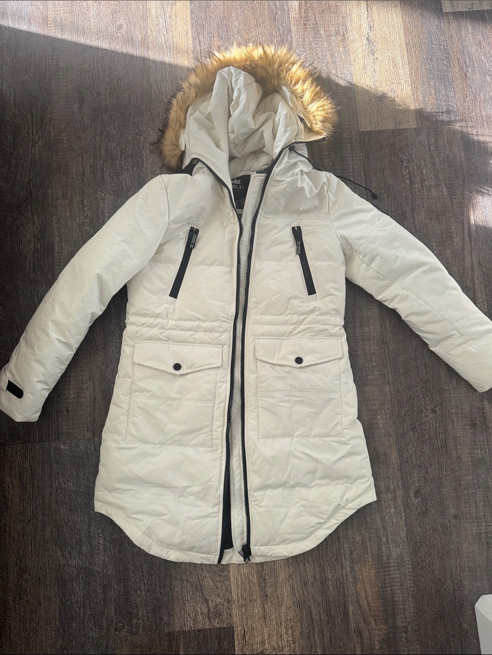 Women's Cream Long Hooded Puffer Coat with Faux Fur Trim
